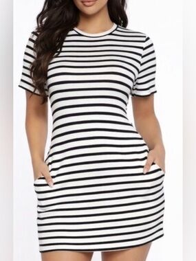 Reformation Charli Ribbed Ceto Stripe Shirt Dress Pockets Navy White Size L